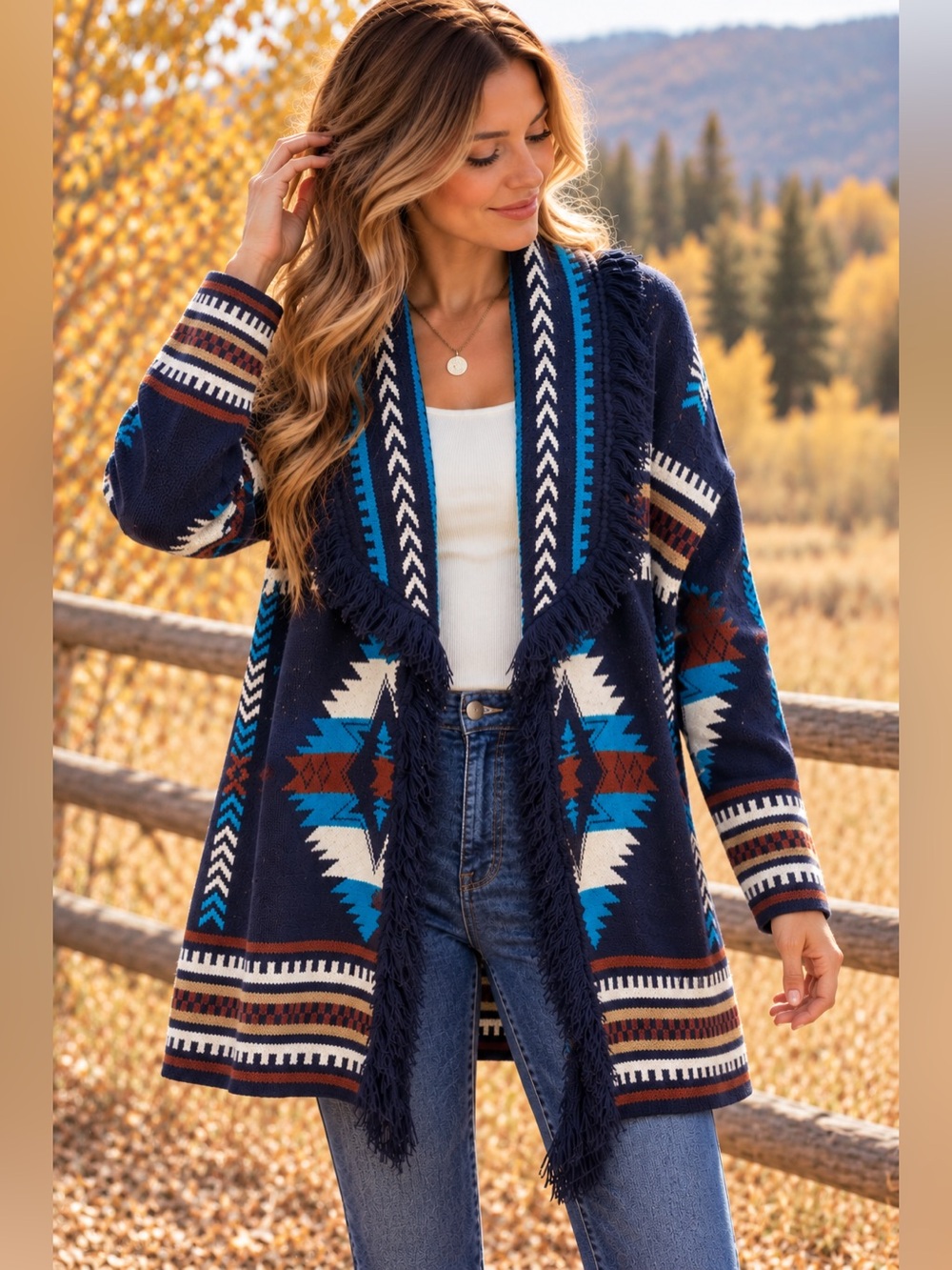 Cocogio Italy Wool Blend Southwestern Fringe Cardigan S Navy Turquoise